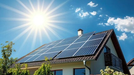 Naklejka premium Sunlight Powering Sustainable Living, Solar Panels on a House Roof