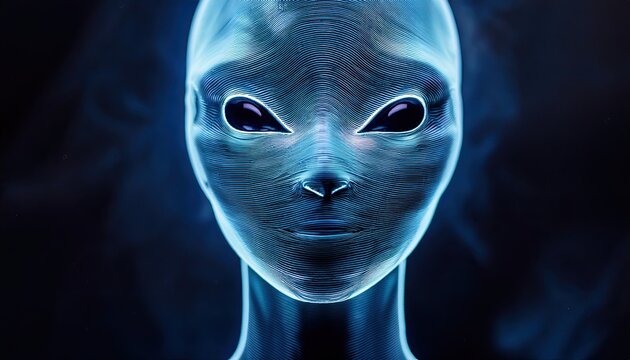 Holographic Representation of an Alien Face Illuminated Against a Dark Cosmic Backdrop