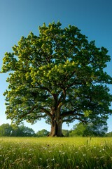 Fototapeta premium Majestic Oak Tree Standing Tall in a Sunlit Meadow Surrounded by Vibrant Greenery and Wildflowers Under a Clear Blue Sky