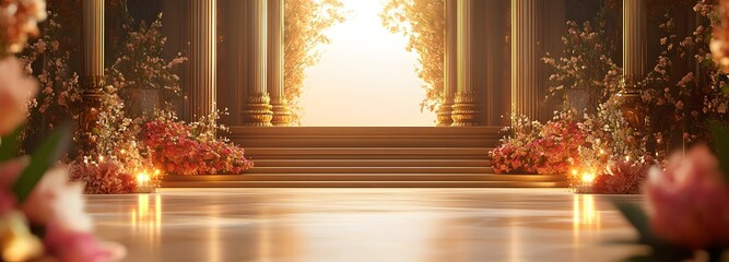 A podium placed in front of a majestic golden temple entrance, surrounded by fresh flower garlands and soft glowing candlelight, empty space for product display