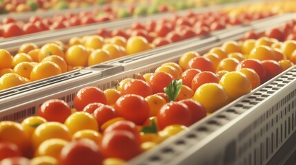 Vibrant display of assorted tomatoes in a grocery store, showcasing freshness and variety