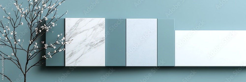 Poster a minimalist display featuring textured panels and a branch against a soft blue backdrop, emphasizin