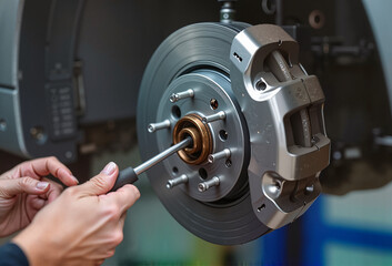 Mechanic's hands inspecting car brake disc and caliper close-up