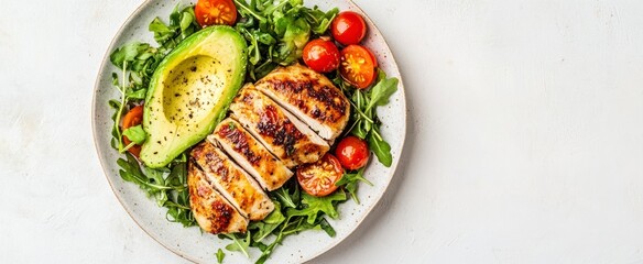 Chicken Avocado Salad Bowl with Tomatoes on White Background Close Up