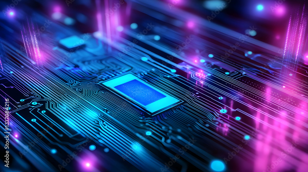 Poster futuristic circuit board with blue and pink lights in a dark environment data flow visualization