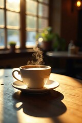 Fototapeta premium Warm morning sunlight illuminates a steaming cup of coffee on a rustic wooden table near a window
