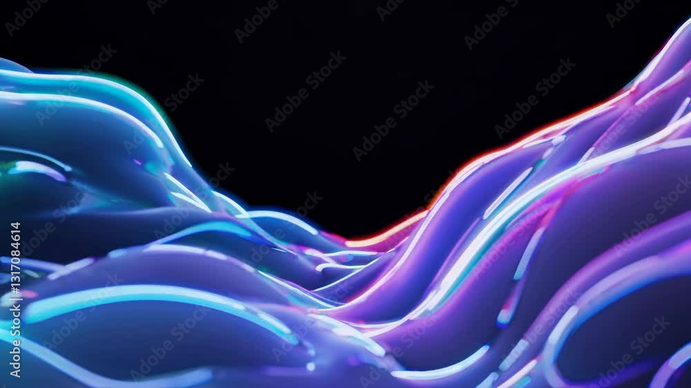 Poster neon waves in motion against black background. flowing abstract blue and purple light shapes with se