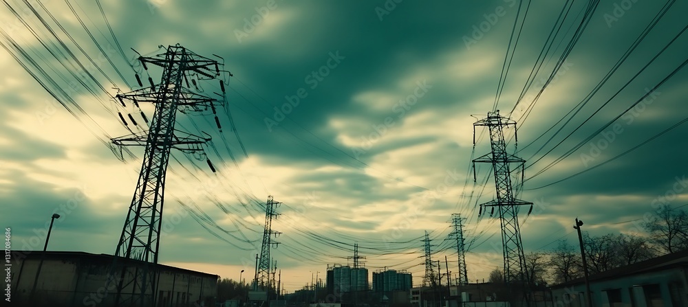 Poster high voltage power lines connecting to a transformer in an electrical grid with metal towers and wir