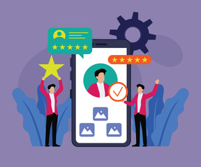 Customer Review and Rating Concept with Mobile App and User Feedback 2d flat vector illustrations