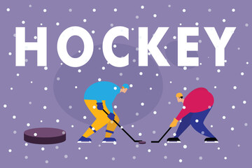 Naklejka premium Ice Hockey Players Competing in Winter Snowy Outdoor Match 2d flat vector illustrations
