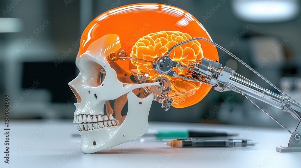Poster futuristic robotic skull with transparent brain and mechanical components