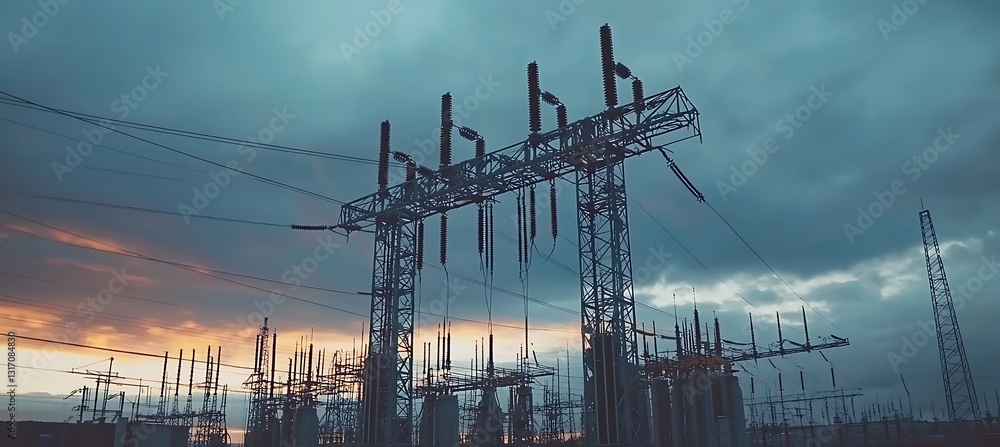 Poster high voltage power lines connecting to a transformer in an electrical grid with metal towers and wir