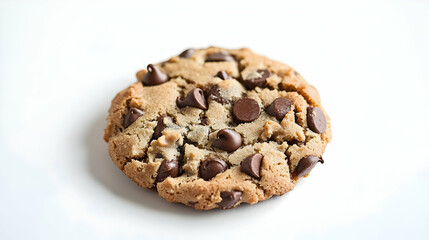 Close-Up Of A Single Freshly Baked Chocolate Chip Cookie On A White Background With Golden Brown Edges and Chocolate Chunks