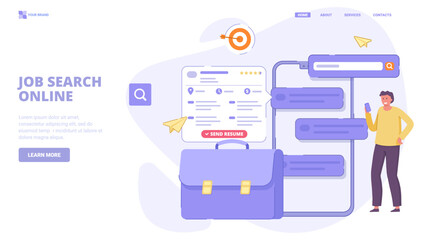 Online job search platform – find vacancies, career opportunities, and hiring services with a mobile app. Flat design concept with tiny characters for landing page. Vector illustration for website, ba