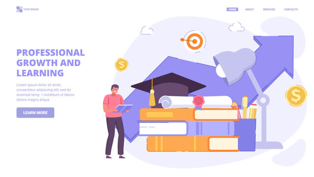 Professional growth, skill development, career advancement, retraining for success. Flat design concept with tiny characters for landing page. Vector illustration for website, banner, print.