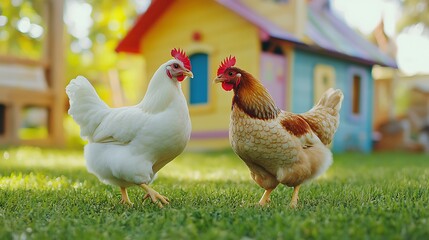 Fototapeta premium White hen brown chicken enjoying sunshine images