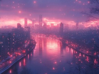 Fototapeta premium Serene city skyline at dusk with glowing reflections on the river and vibrant sky hues