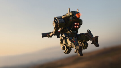 3d render of rear view of sci-fi mech soldier in heavy armor holding powerful weapon in its hands on jet engine flies in the sky at sunset over the landscape on a mission to capture an enemy outpost.