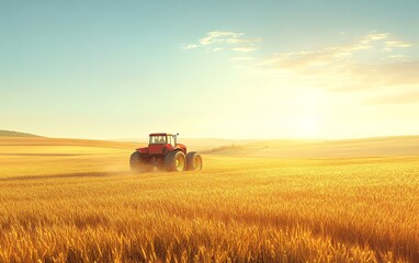 Obraz premium Tractor in golden wheat field at sunset