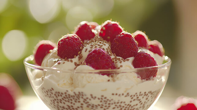 Creamy dessert with raspberries and seeds