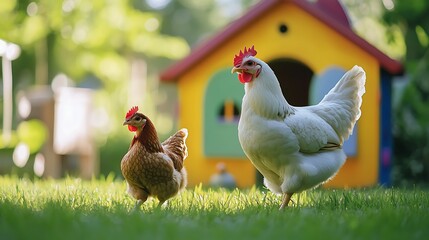 Fototapeta premium White hen brown chicken walking freely wallpapers