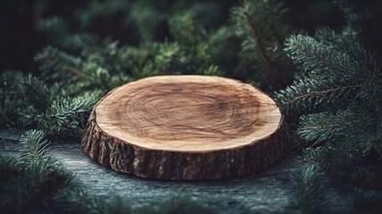 Wooden Slice Display in Forest Background