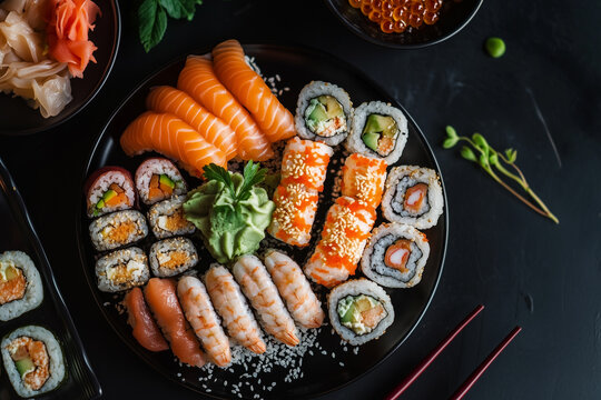 Lunch at the sushi bar. Set of sushi and rolls unagi maki on a black plate on dark background top view. Sushi Delivery to Home Order Online. Takeout coronavirus food