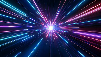 Naklejka premium Vivid Blue And Pink Neon Lights Streaking Towards A Central Bright White Light Source On A Dark Background