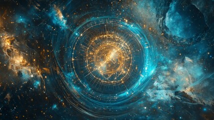 Astrological zodiac creation through dna strand visualization cosmic space digital art futuristic wide-angle view