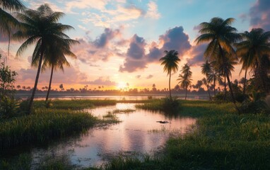 Serene Kerala Backwaters at sunset – lush palms, emerald grass, and mirrored lake under golden skies