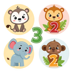 Fototapeta premium Cute Animal Stickers: Monkeys & Elephant