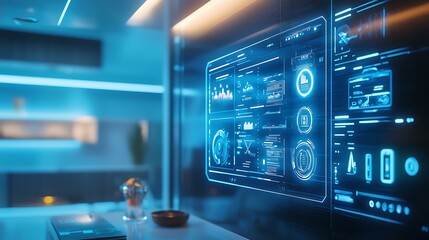 AI-powered smart home concept, futuristic interface controlling lights and temperature