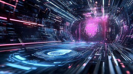 Cybersecurity concept with a digital fingerprint scanning access, futuristic interface