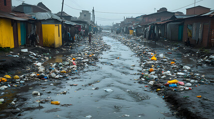 Water Flows Through Slum Street Full of Waste and Pollution
