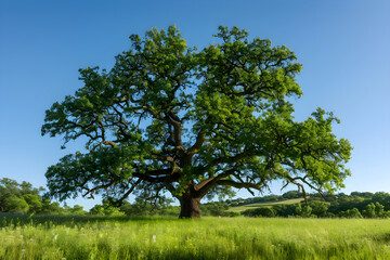 Obraz premium Majestic Oak Tree Standing Tall in a Sunlit Meadow Surrounded by Vibrant Greenery and Wildflowers Under a Clear Blue Sky