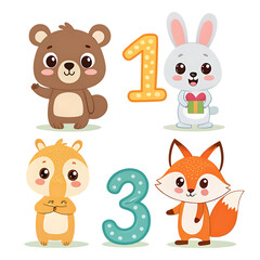 Cute Animal Numbers 1-3