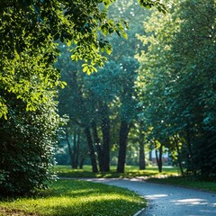 Naklejka premium A peaceful park pathway surrounded by lush green trees, illuminated by sunlight, with floating pollen or dust particles creating a magical atmosphere. 
