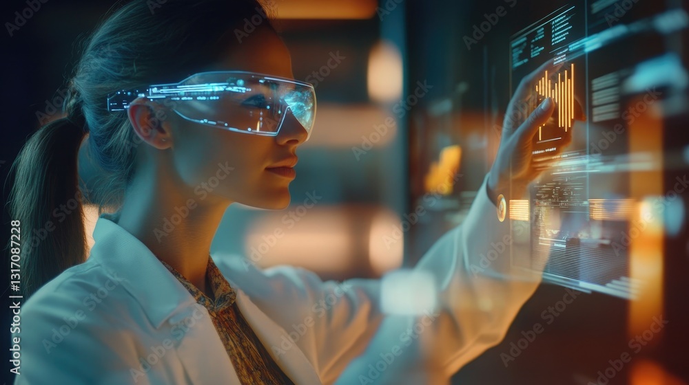 Poster futuristic scientist analyzing data on holographic interface