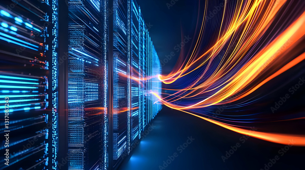 Poster dynamic data flow through futuristic server room with blue and orange light trails in dark environme