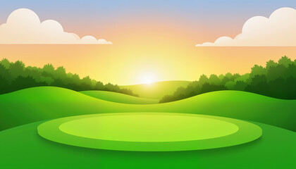 Scenic golf course with rolling hills at sunset, relaxation and play