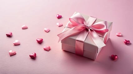 A delicately wrapped present, adorned with a lovely pink ribbon, rests on a soft pink background, surrounded by small hearts, creating a charming and romantic scene.