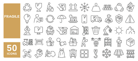 Set of 50 line icons related to fragile, packaging symbol, glass, protection, damage, recycle, delivery, package, cardboard, box, carton, pack, Editable stroke. Vector illustration