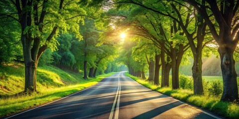 Obraz premium Sunlit Roadway Through Lush Green Canopy of Trees on a Sunny Day