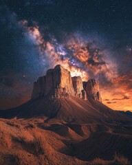 Obraz premium Majestic Mountain Under a Celestial Tapestry of Milky Way Galaxy Stars in a Desert Landscape at Night