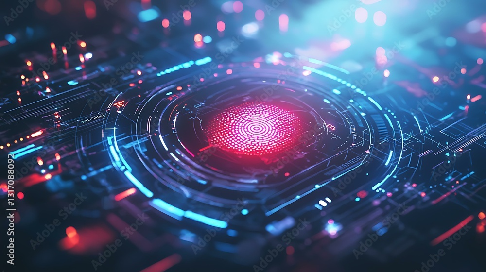 Poster cybersecurity concept with a digital fingerprint scanning access, futuristic interface