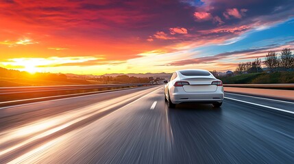 Self-driving electric car on a futuristic highway at sunset, clean energy innovation