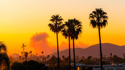 Obraz premium Silhouetted Palm Trees Against a Vibrant Orange Sunset Sky Over a California Cityscape