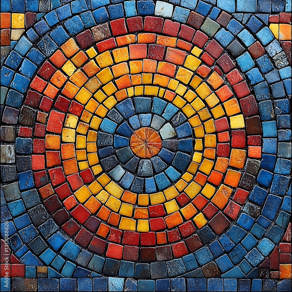 Poster colorful concentric circles mosaic pattern with small square tiles creating a textured design