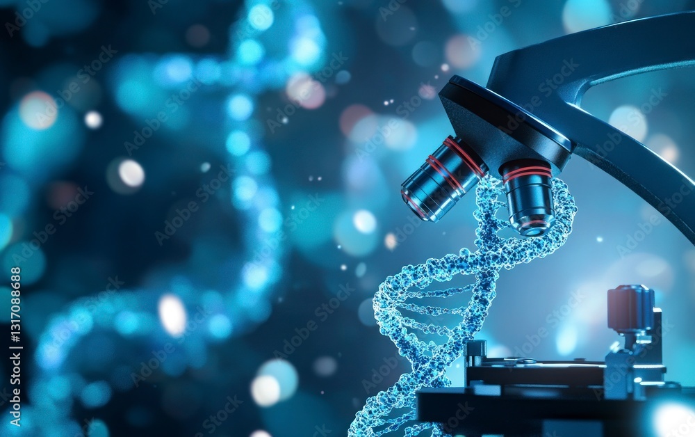 Poster microscope analyzing dna strand with abstract blue bokeh background
