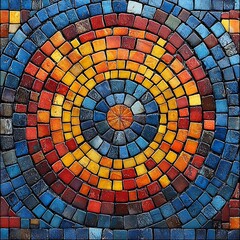 Obraz premium Colorful concentric circles mosaic pattern with small square tiles creating a textured design